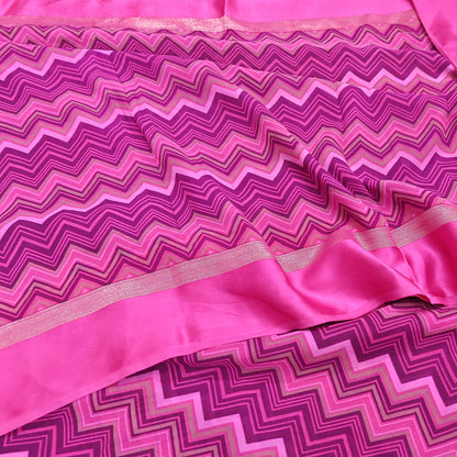 Indian Vintage Sari Pink Pure Georgette Silk Printed Saree Craft Fabric Sewing 5Yd Soft Light Dress Making Crafting Quilting Upcycle Zigzag