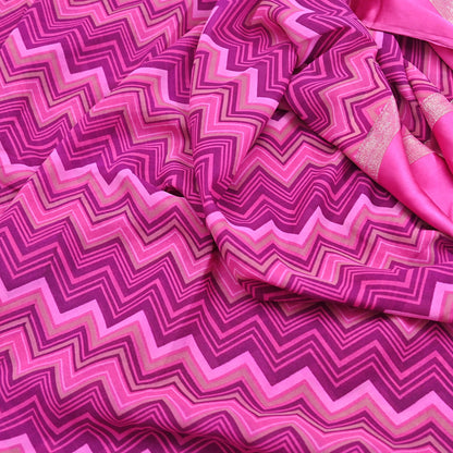 Indian Vintage Sari Pink Pure Georgette Silk Printed Saree Craft Fabric Sewing 5Yd Soft Light Dress Making Crafting Quilting Upcycle Zigzag