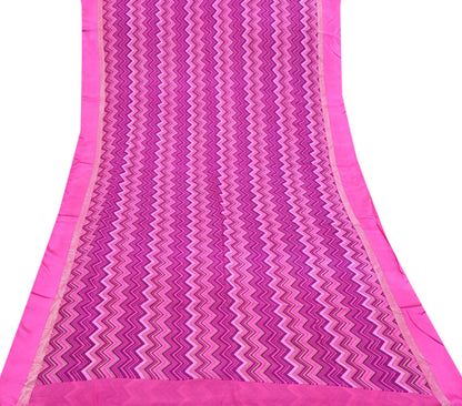 Indian Vintage Sari Pink Pure Georgette Silk Printed Saree Craft Fabric Sewing 5Yd Soft Light Dress Making Crafting Quilting Upcycle Zigzag