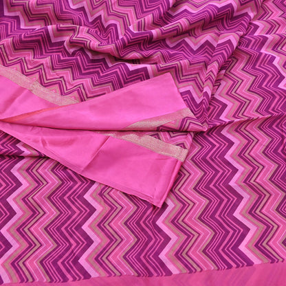 Indian Vintage Sari Pink Pure Georgette Silk Printed Saree Craft Fabric Sewing 5Yd Soft Light Dress Making Crafting Quilting Upcycle Zigzag