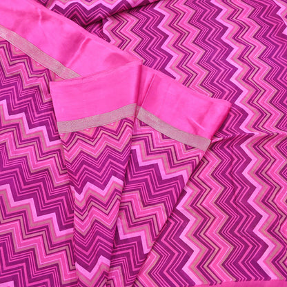 Indian Vintage Sari Pink Pure Georgette Silk Printed Saree Craft Fabric Sewing 5Yd Soft Light Dress Making Crafting Quilting Upcycle Zigzag
