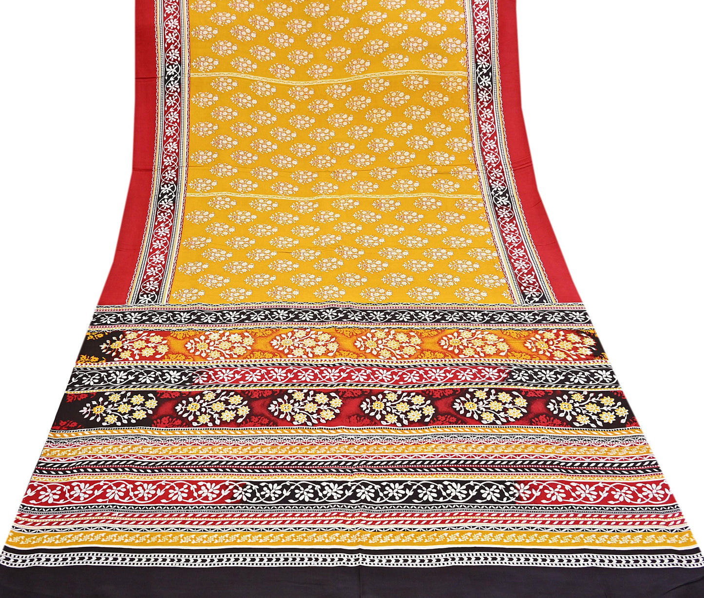 Indian Vintage Sari Yellow 100% Pure Silk Printed Sarees 5yd Sewing Craft Fabric Dress Making Soft Woven Border Upcycle Quilting