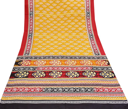 Indian Vintage Sari Yellow 100% Pure Silk Printed Sarees 5yd Sewing Craft Fabric Dress Making Soft Woven Border Upcycle Quilting