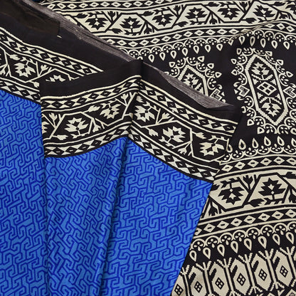 Indian Vintage Black & Blue Sarees Pure Silk Printed Sari 6yd Sewing Craft Fabric DressMaking Floral Soft Crafting Quilting