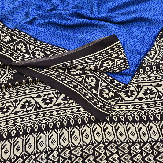 Indian Vintage Black & Blue Sarees Pure Silk Printed Sari 6yd Sewing Craft Fabric DressMaking Floral Soft Crafting Quilting