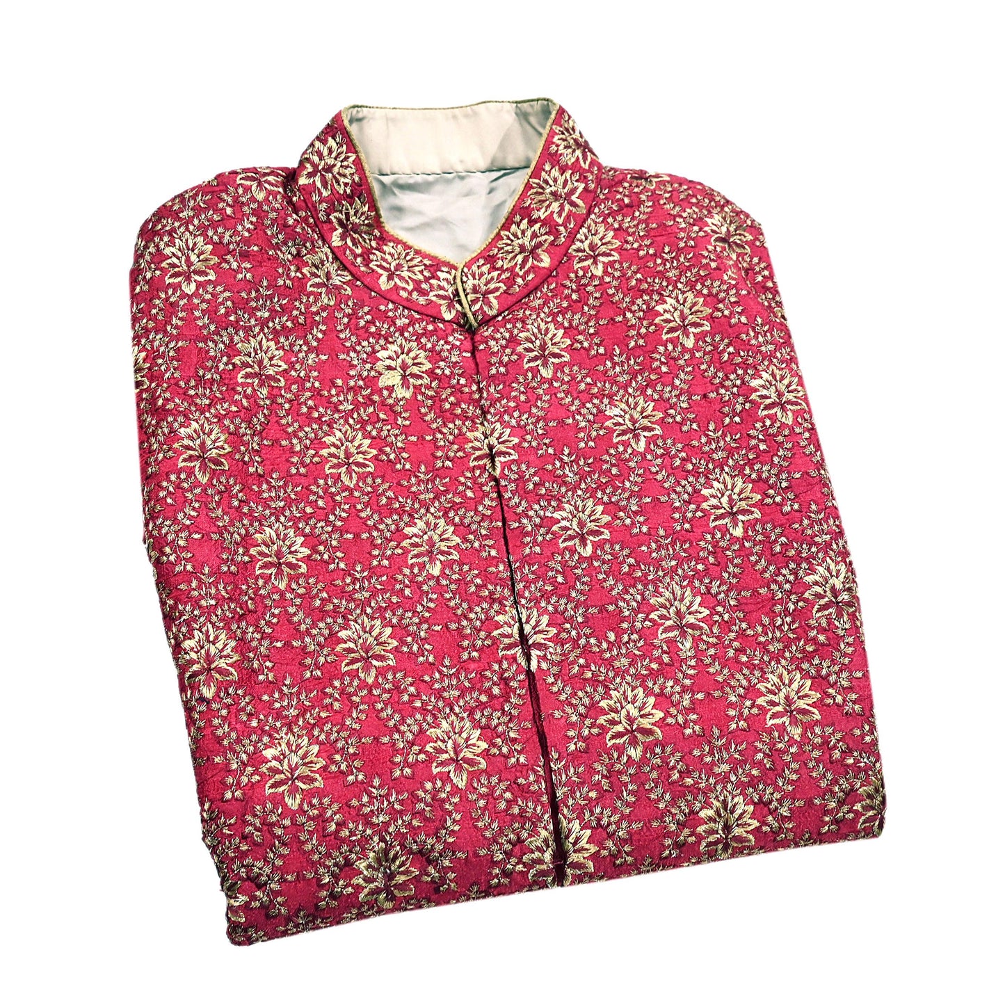 Vintage Red Raw Silk Sherwani Hand Embroidered Mens Wedding Coat Indian Groom Outfit Bandhgala