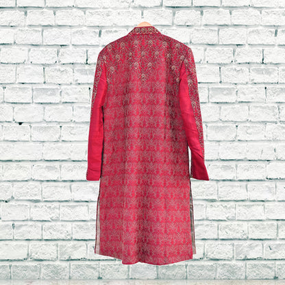 Vintage Red Raw Silk Sherwani Hand Embroidered Mens Wedding Coat Indian Groom Outfit Bandhgala