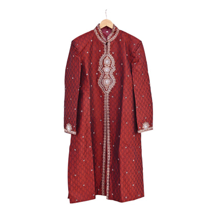 Vintage Red Raw Silk Sherwani Hand Embroidered Zardozi Mens Wedding Coat Indian Groom Outfit Bandhgala Royal Wear