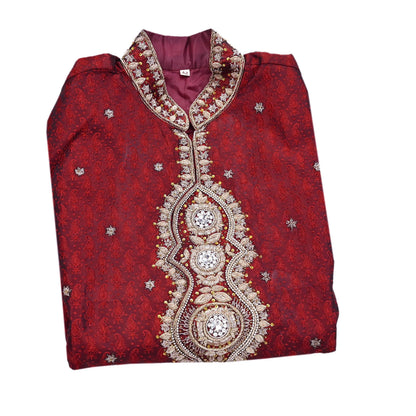 Vintage Red Raw Silk Sherwani Hand Embroidered Zardozi Mens Wedding Coat Indian Groom Outfit Bandhgala Royal Wear
