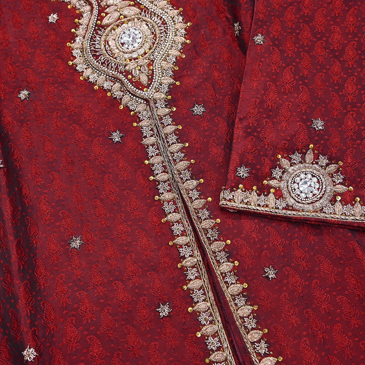 Vintage Red Raw Silk Sherwani Hand Embroidered Zardozi Mens Wedding Coat Indian Groom Outfit Bandhgala Royal Wear