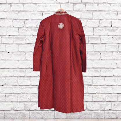 Vintage Red Raw Silk Sherwani Hand Embroidered Zardozi Mens Wedding Coat Indian Groom Outfit Bandhgala Royal Wear