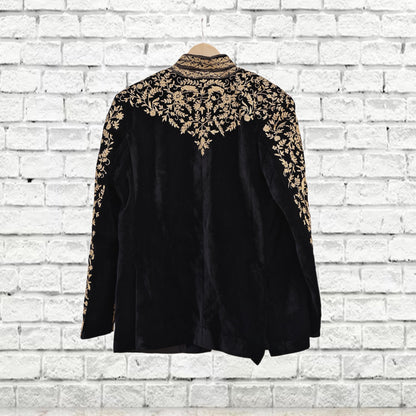 Indian Black Velvet Bandhgala Coat Mens Royal Embroidered Wedding Jacket Designer Evening Blazer Groom Outfit Vintage