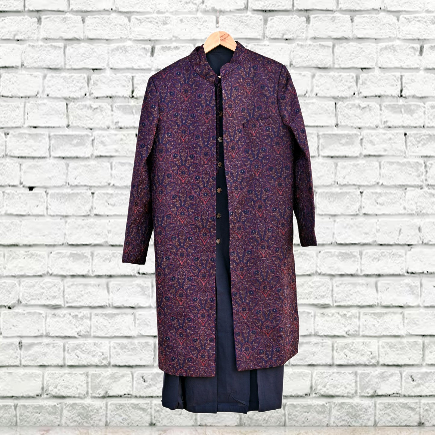 Vintage Blue Raw Silk Hand Embroidered Mens Sherwani Wedding Coat Indian Groom Outfit Bandhgala