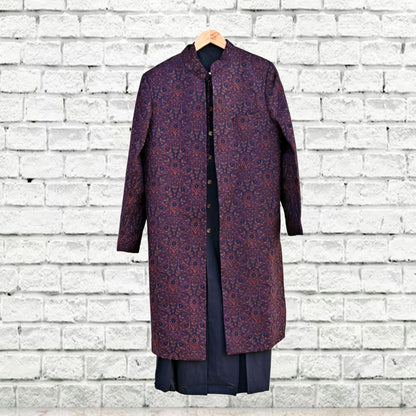 Vintage Blue Raw Silk Hand Embroidered Mens Sherwani Wedding Coat Indian Groom Outfit Bandhgala