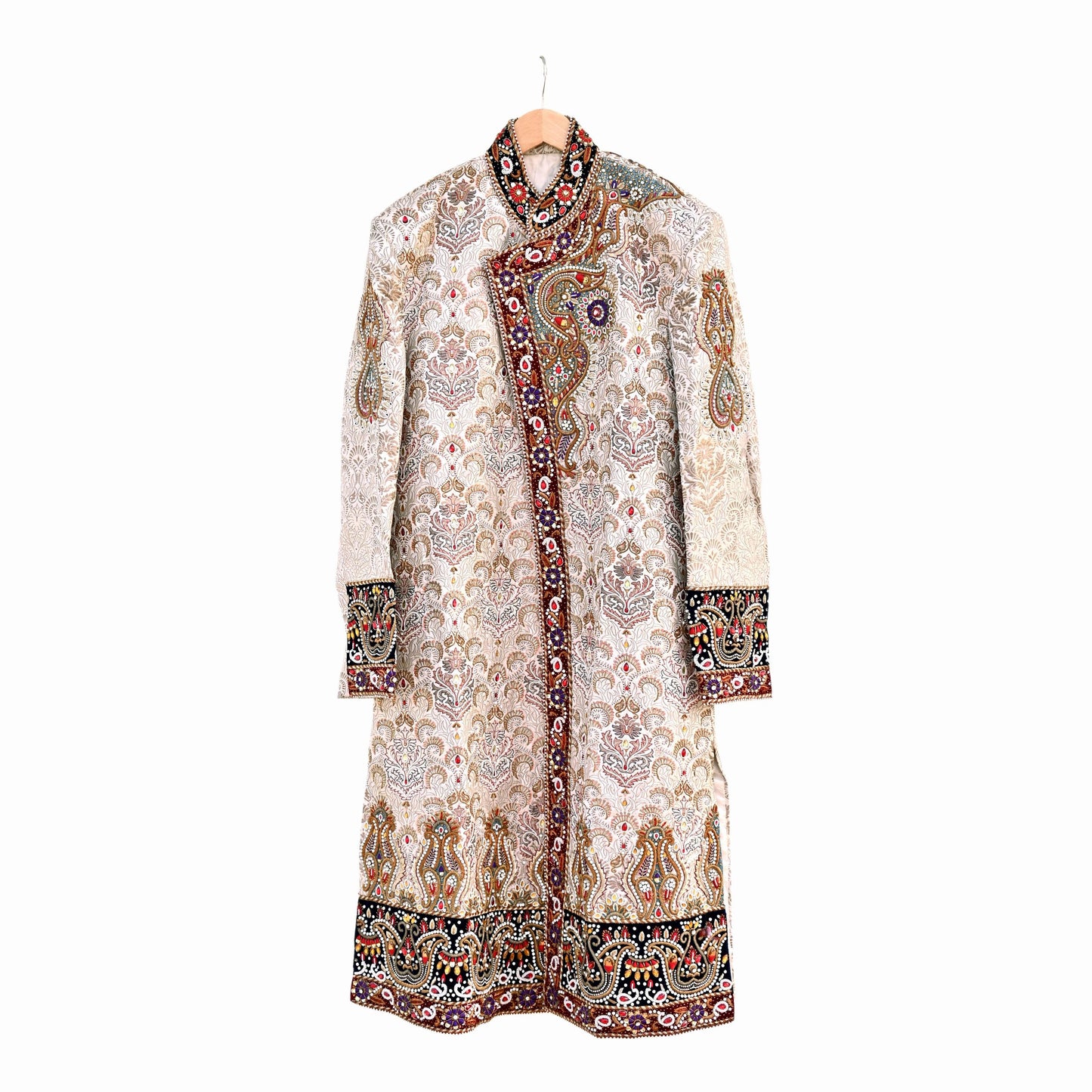 Vintage Ivory Satin Silk Sherwani Hand Embroidered Zardozi Mens Wedding Coat Indian Groom Outfit Bandhgala Royal Wear
