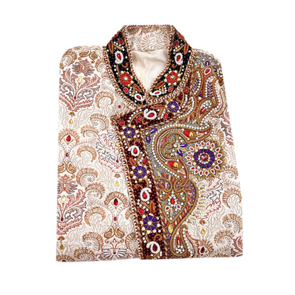 Vintage Ivory Satin Silk Sherwani Hand Embroidered Zardozi Mens Wedding Coat Indian Groom Outfit Bandhgala Royal Wear