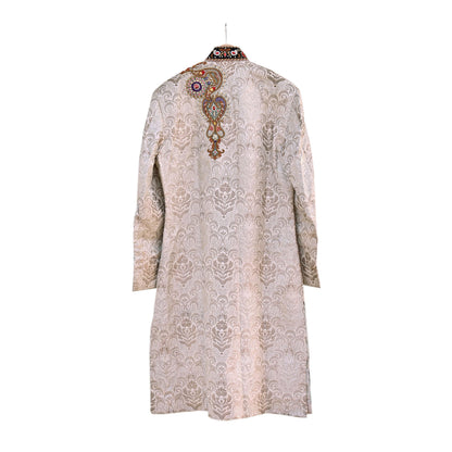 Vintage Ivory Satin Silk Sherwani Hand Embroidered Zardozi Mens Wedding Coat Indian Groom Outfit Bandhgala Royal Wear