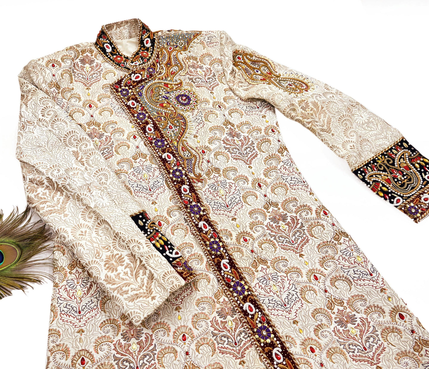 Vintage Ivory Satin Silk Sherwani Hand Embroidered Zardozi Mens Wedding Coat Indian Groom Outfit Bandhgala Royal Wear