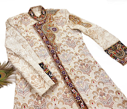 Vintage Ivory Satin Silk Sherwani Hand Embroidered Zardozi Mens Wedding Coat Indian Groom Outfit Bandhgala Royal Wear