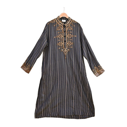 Vintage Black Pure Silk Sherwani Hand Embroidered Designer By JJ Valaya Indian Groom Wedding Bandhgala Long Kurta