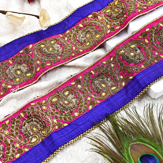 Indian Vintage Rani Pink & Blue Sari Border 1Yd Hand Embroidered Dabka Lace Trim Sewing Craft Ribbon Dress Decor