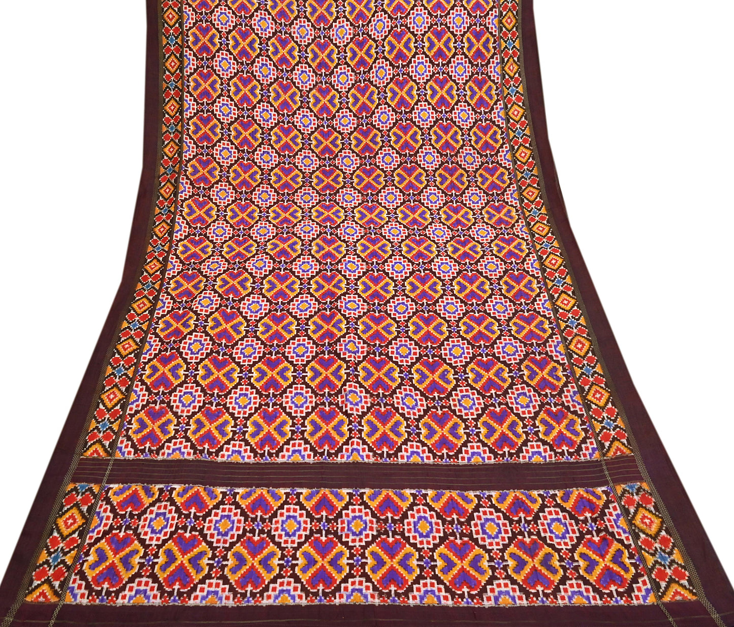 Indian Antique Vintage Brown Sari Hand Woven Double Ikat Patan Patola Sarees 100% Pure Silk Craft Fabric 5Yd Dress Making Sewing For wearing