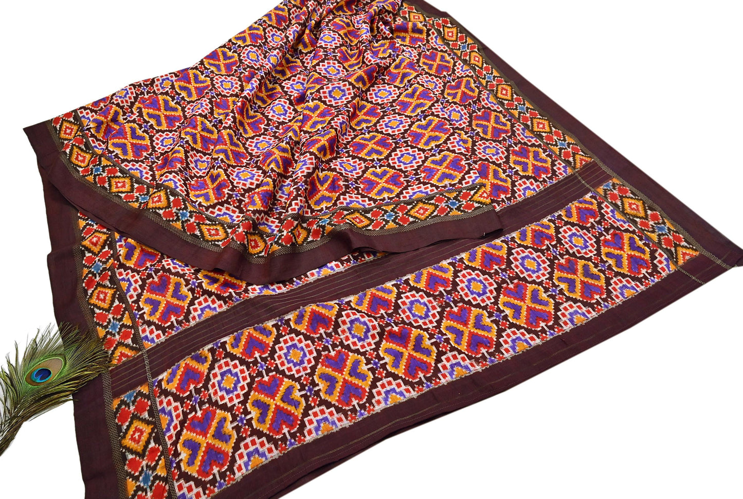 Indian Antique Vintage Brown Sari Hand Woven Double Ikat Patan Patola Sarees 100% Pure Silk Craft Fabric 5Yd Dress Making Sewing For wearing