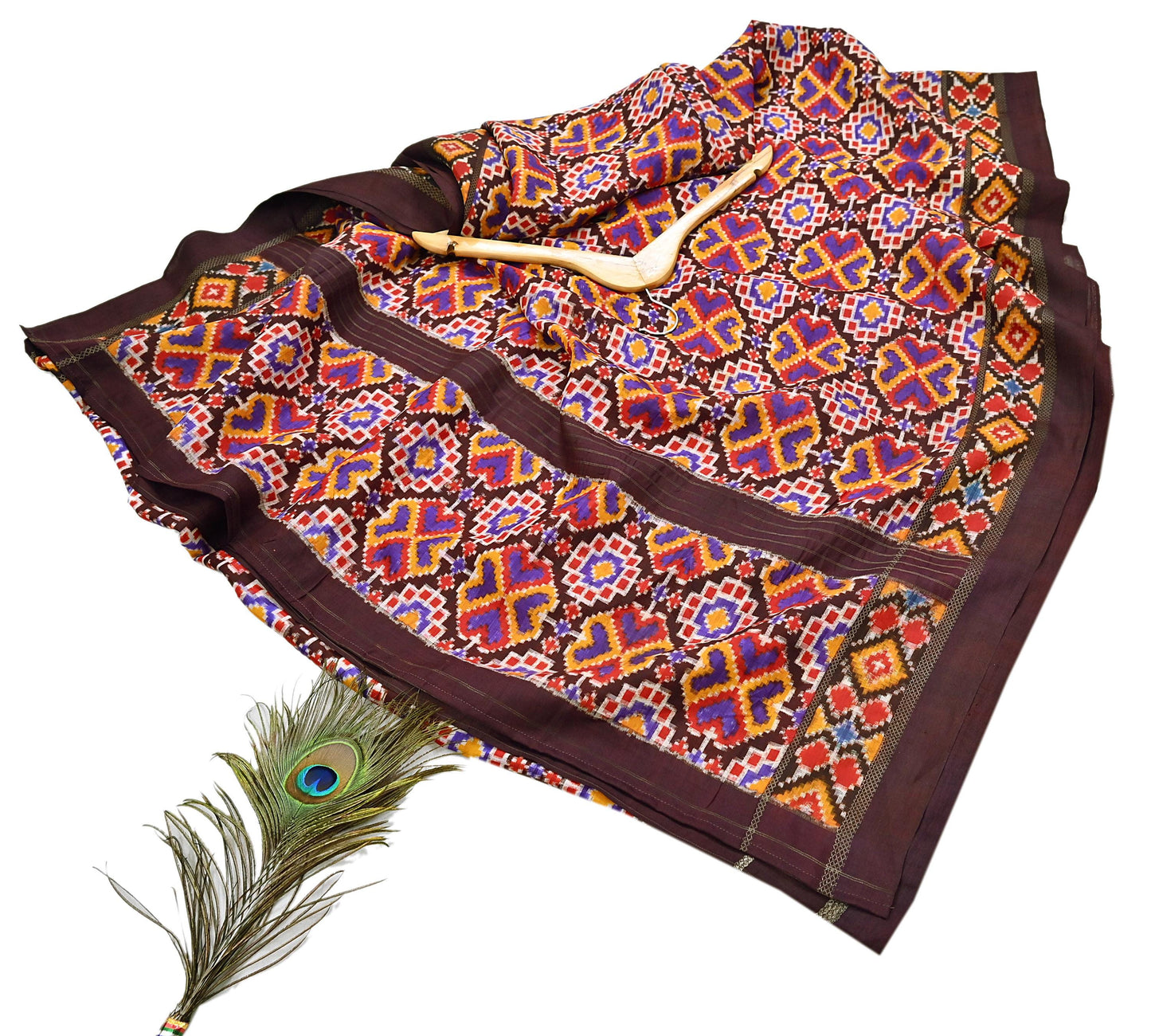 Indian Antique Vintage Brown Sari Hand Woven Double Ikat Patan Patola Sarees 100% Pure Silk Craft Fabric 5Yd Dress Making Sewing For wearing