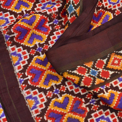 Indian Antique Vintage Brown Sari Hand Woven Double Ikat Patan Patola Sarees 100% Pure Silk Craft Fabric 5Yd Dress Making Sewing For wearing
