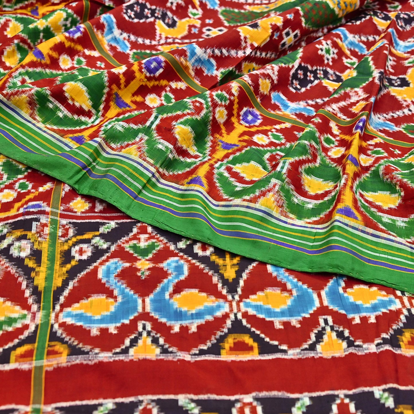 Antique Vintage Red & Green Sari Hand Woven Double Ikat Patan Patola Sarees 100% Pure Silk Craft Fabric 5Yd Dress Making Sewing For wearing
