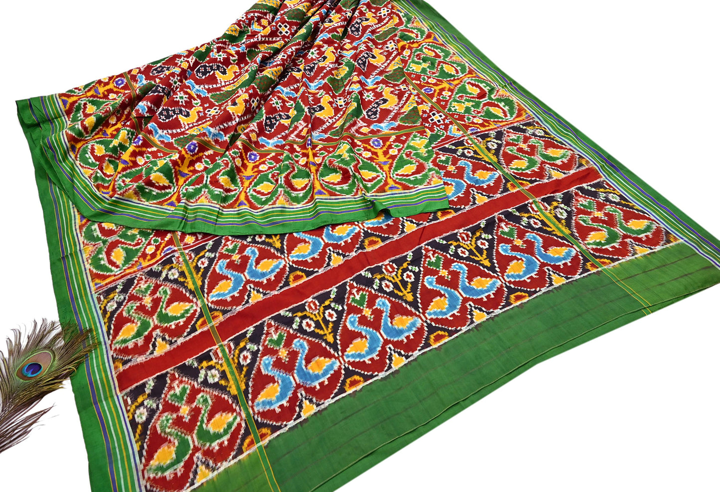 Antique Vintage Red & Green Sari Hand Woven Double Ikat Patan Patola Sarees 100% Pure Silk Craft Fabric 5Yd Dress Making Sewing For wearing