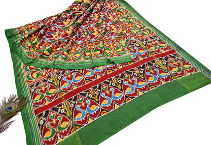 Antique Vintage Red & Green Sari Hand Woven Double Ikat Patan Patola Sarees 100% Pure Silk Craft Fabric 5Yd Dress Making Sewing For wearing