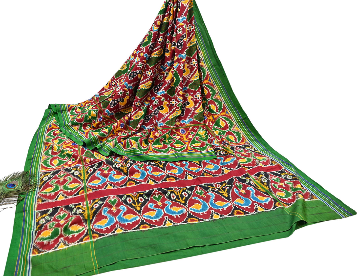 Antique Vintage Red & Green Sari Hand Woven Double Ikat Patan Patola Sarees 100% Pure Silk Craft Fabric 5Yd Dress Making Sewing For wearing