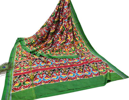 Antique Vintage Red & Green Sari Hand Woven Double Ikat Patan Patola Sarees 100% Pure Silk Craft Fabric 5Yd Dress Making Sewing For wearing