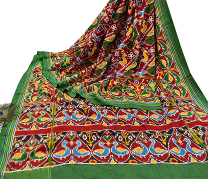Antique Vintage Red & Green Sari Hand Woven Double Ikat Patan Patola Sarees 100% Pure Silk Craft Fabric 5Yd Dress Making Sewing For wearing