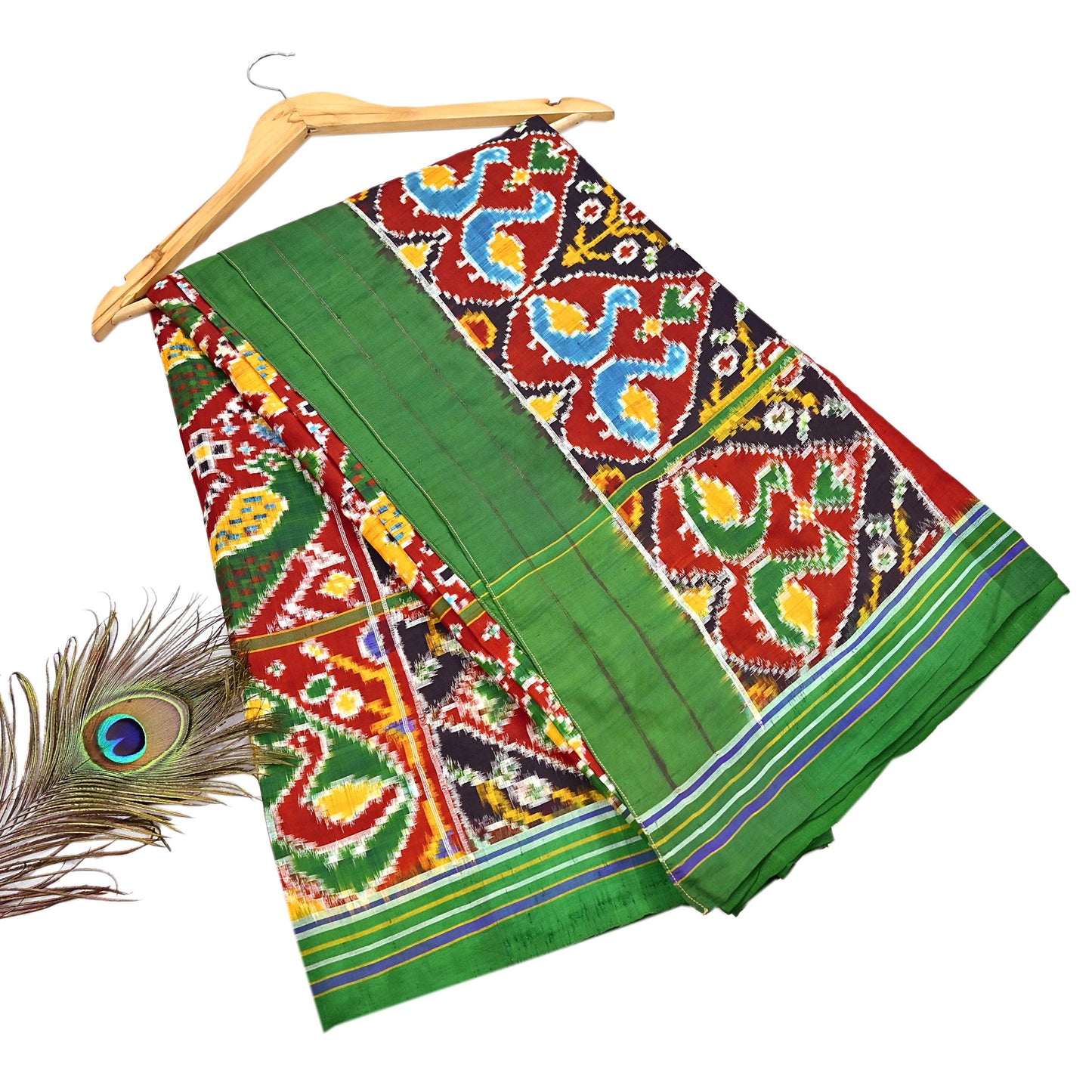 Antique Vintage Red & Green Sari Hand Woven Double Ikat Patan Patola Sarees 100% Pure Silk Craft Fabric 5Yd Dress Making Sewing For wearing