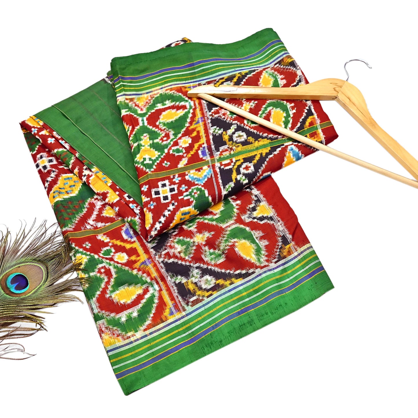 Antique Vintage Red & Green Sari Hand Woven Double Ikat Patan Patola Sarees 100% Pure Silk Craft Fabric 5Yd Dress Making Sewing For wearing