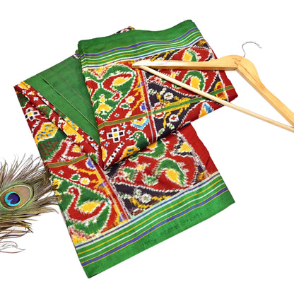 Antique Vintage Red & Green Sari Hand Woven Double Ikat Patan Patola Sarees 100% Pure Silk Craft Fabric 5Yd Dress Making Sewing For wearing