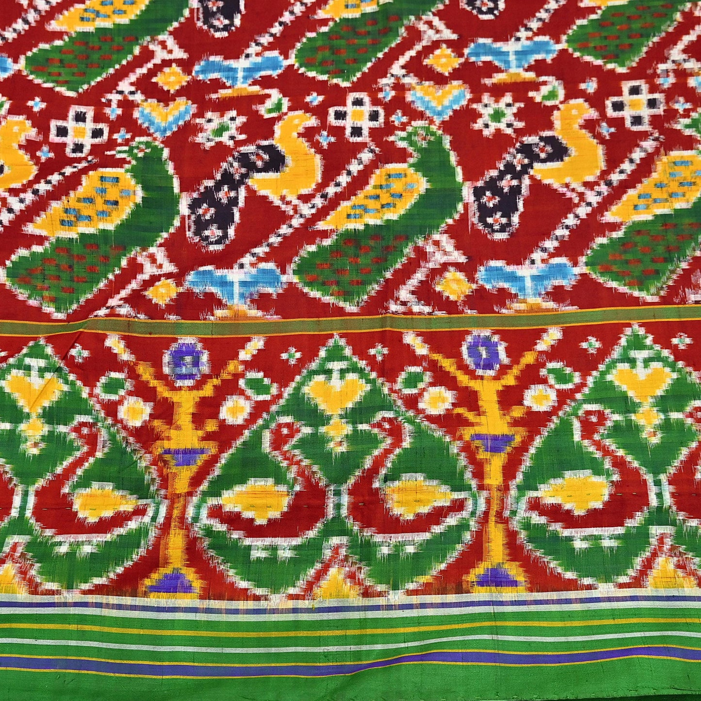 Antique Vintage Red & Green Sari Hand Woven Double Ikat Patan Patola Sarees 100% Pure Silk Craft Fabric 5Yd Dress Making Sewing For wearing