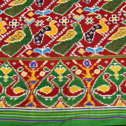 Antique Vintage Red & Green Sari Hand Woven Double Ikat Patan Patola Sarees 100% Pure Silk Craft Fabric 5Yd Dress Making Sewing For wearing