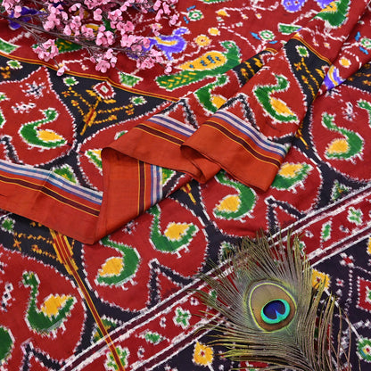 Antique Vintage Red Sari Hand Woven Double Ikat Patan Patola Sarees 100% Pure Silk Craft Fabric 5Yd Dress Making Sewing For wearing