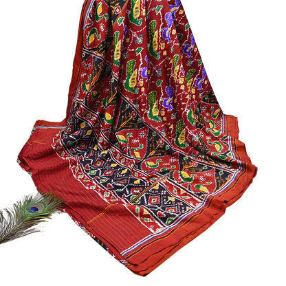 Antique Vintage Red Sari Hand Woven Double Ikat Patan Patola Sarees 100% Pure Silk Craft Fabric 5Yd Dress Making Sewing For wearing