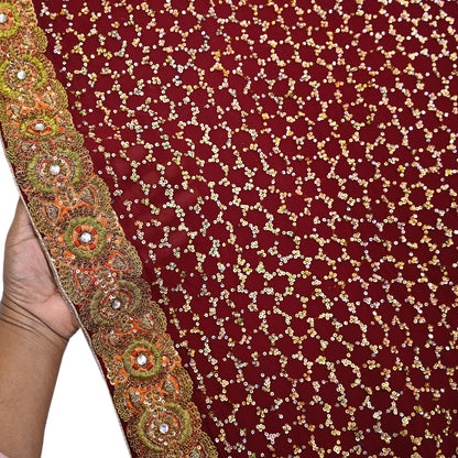 Indian Heavy Sari Maroon Pure Georgette Silk Hand Embroidered Sarees Designer Sabyasachi 6Yd Sewing Ethnic Bollywood party wear saree