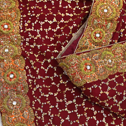 Indian Heavy Sari Maroon Pure Georgette Silk Hand Embroidered Sarees Designer Sabyasachi 6Yd Sewing Ethnic Bollywood party wear saree
