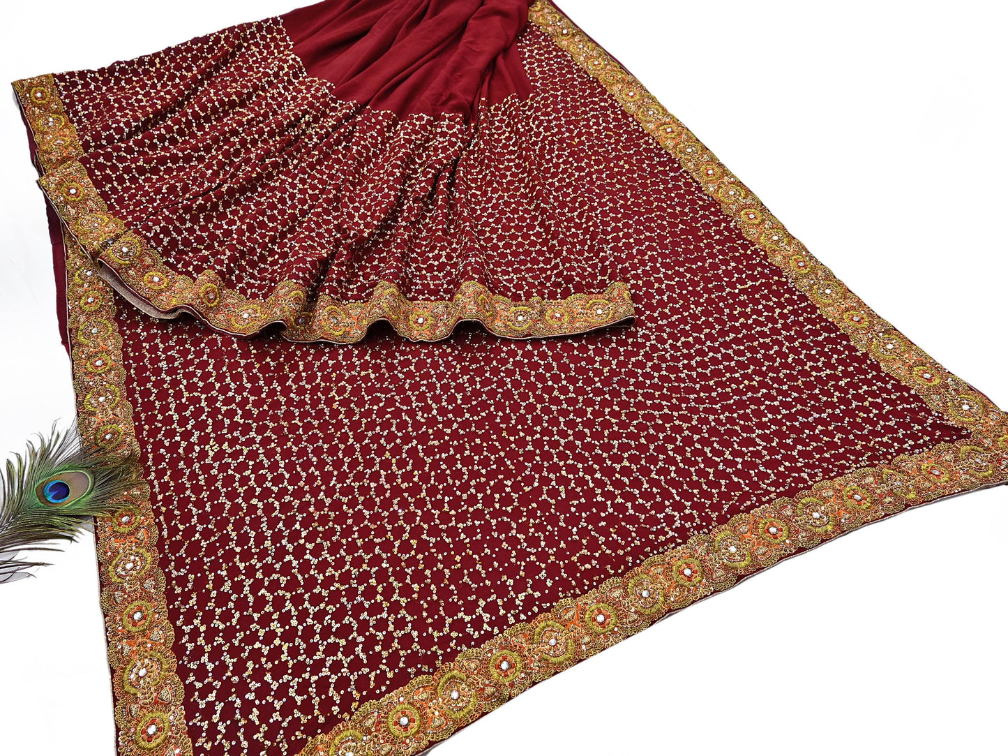 Indian Heavy Sari Maroon Pure Georgette Silk Hand Embroidered Sarees Designer Sabyasachi 6Yd Sewing Ethnic Bollywood party wear saree