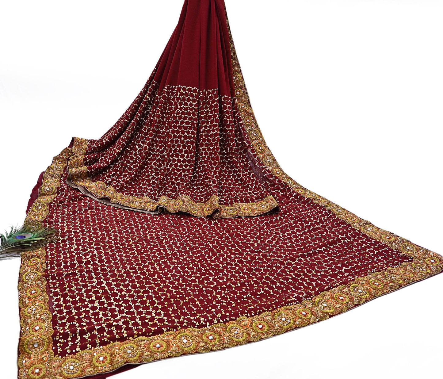 Indian Heavy Sari Maroon Pure Georgette Silk Hand Embroidered Sarees Designer Sabyasachi 6Yd Sewing Ethnic Bollywood party wear saree