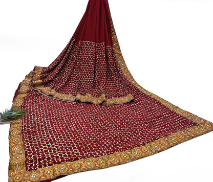Indian Heavy Sari Maroon Pure Georgette Silk Hand Embroidered Sarees Designer Sabyasachi 6Yd Sewing Ethnic Bollywood party wear saree