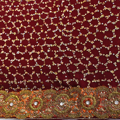 Indian Heavy Sari Maroon Pure Georgette Silk Hand Embroidered Sarees Designer Sabyasachi 6Yd Sewing Ethnic Bollywood party wear saree