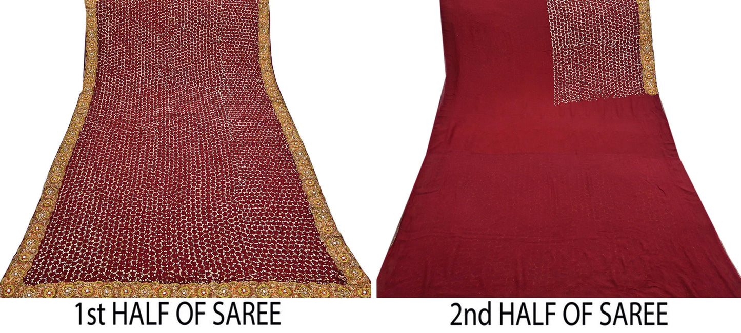 Indian Heavy Sari Maroon Pure Georgette Silk Hand Embroidered Sarees Designer Sabyasachi 6Yd Sewing Ethnic Bollywood party wear saree