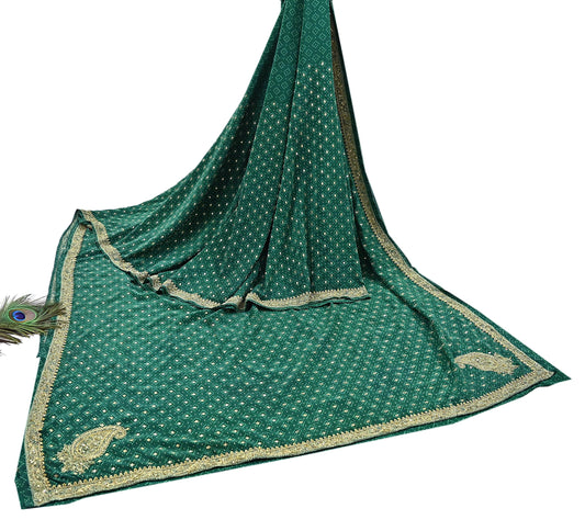 Indian Pre-Owned Sari Green Pure Crepe Silk Pre-owned Hand Embroidered Ritu Kumar Designer Sarees Fabric 5Yd Ethnic Bollywood Party sari